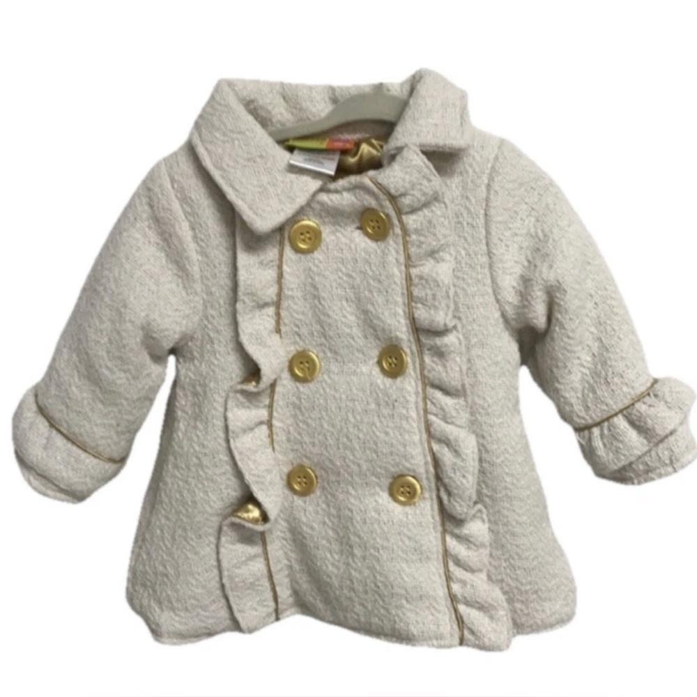 Penelope Mack Girls Bouclé Coat Size 3T Cream Gold Satin Lining Double Breasted